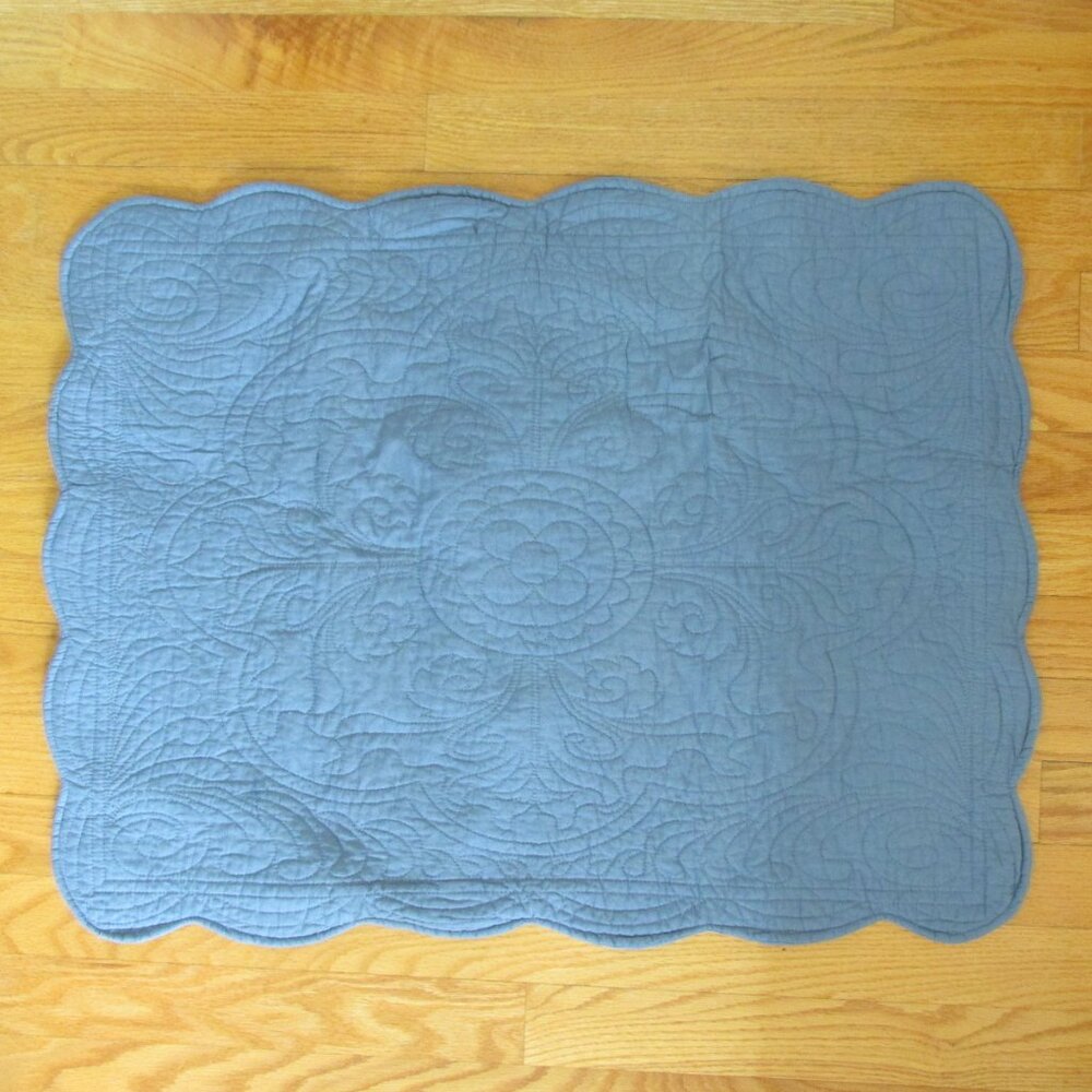 SUNBURST INTERNATIONAL BLUE SCALLOPPED QUILTED PILLOW CASE SHAM SET of 2 BED COT